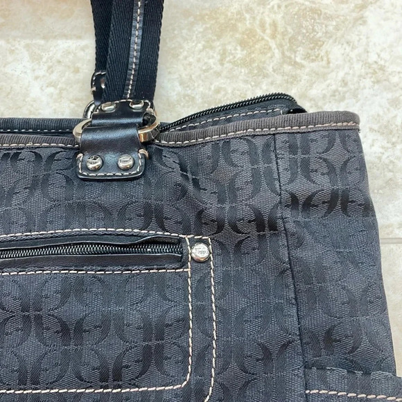 Fossil Modern Vintage Black Logo Fabric Tote Bag Canvas Straps Women’s Pocket - Picture 11 of 16